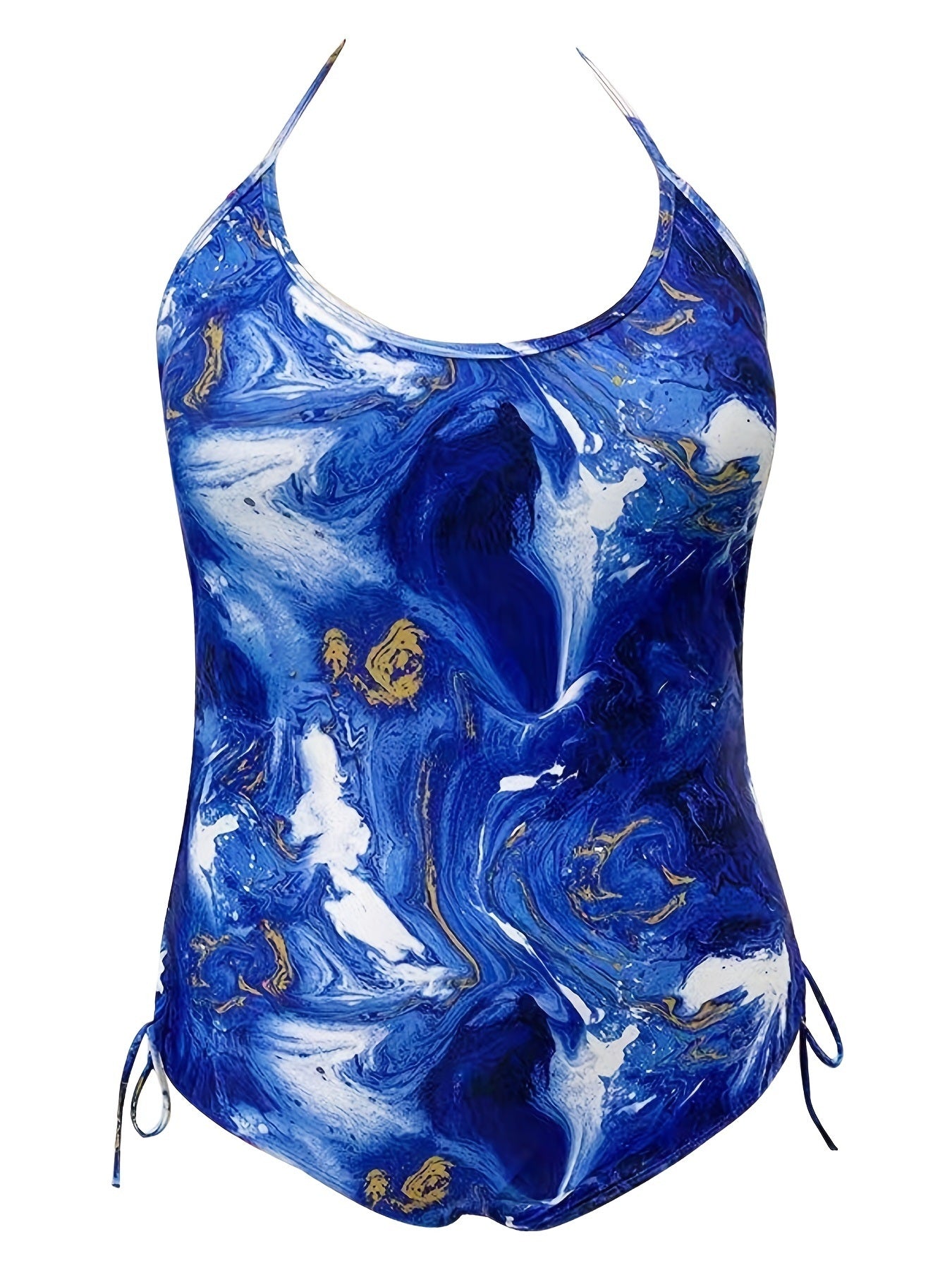 Plus Size Fluid Print Drawstring One Piece Swimsuit; Women's Plus High Stretch Sexy Swimsuit