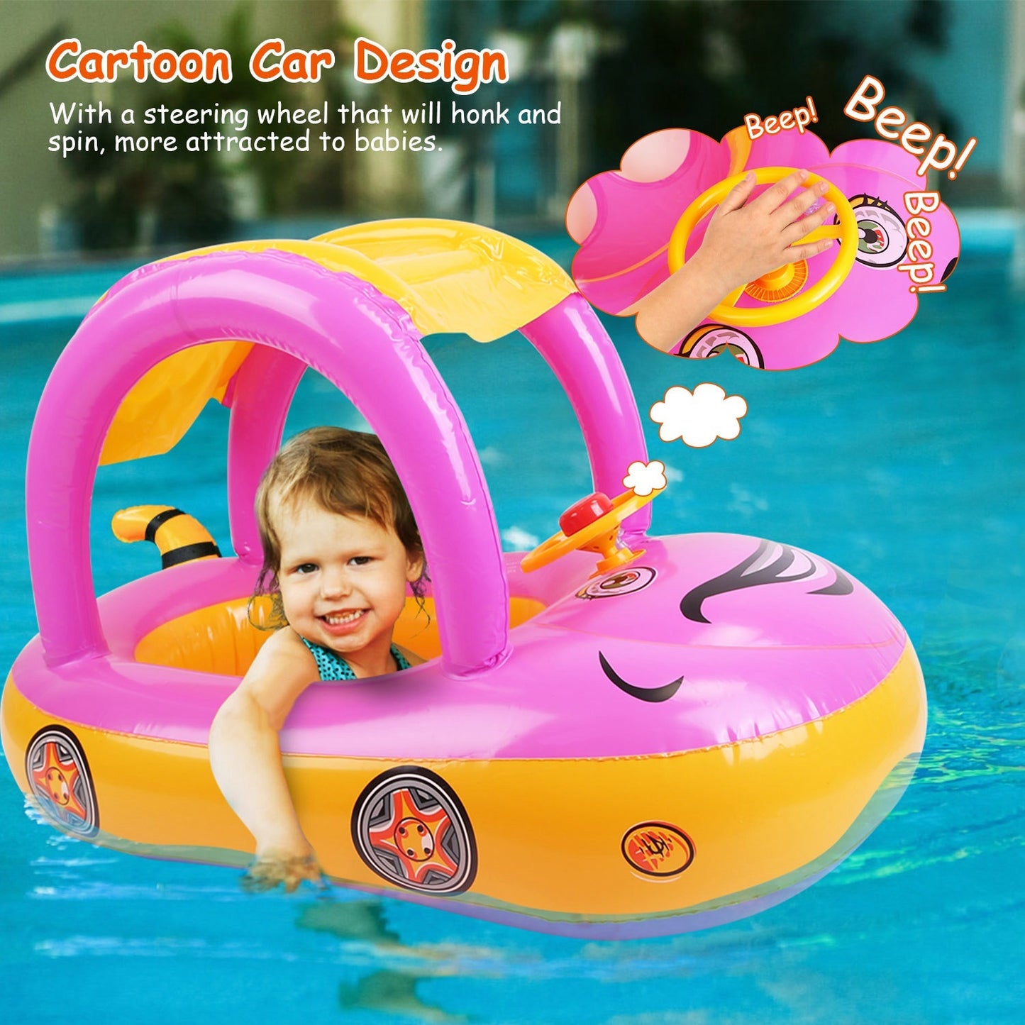 Baby Inflatable Pool Float Car Shaped Toddler Swimming Float Boat Pool Toy Infant Swim Ring Pool with Sun Protection Canopy for 1-3 Year-Old Kids Infant Toddlers