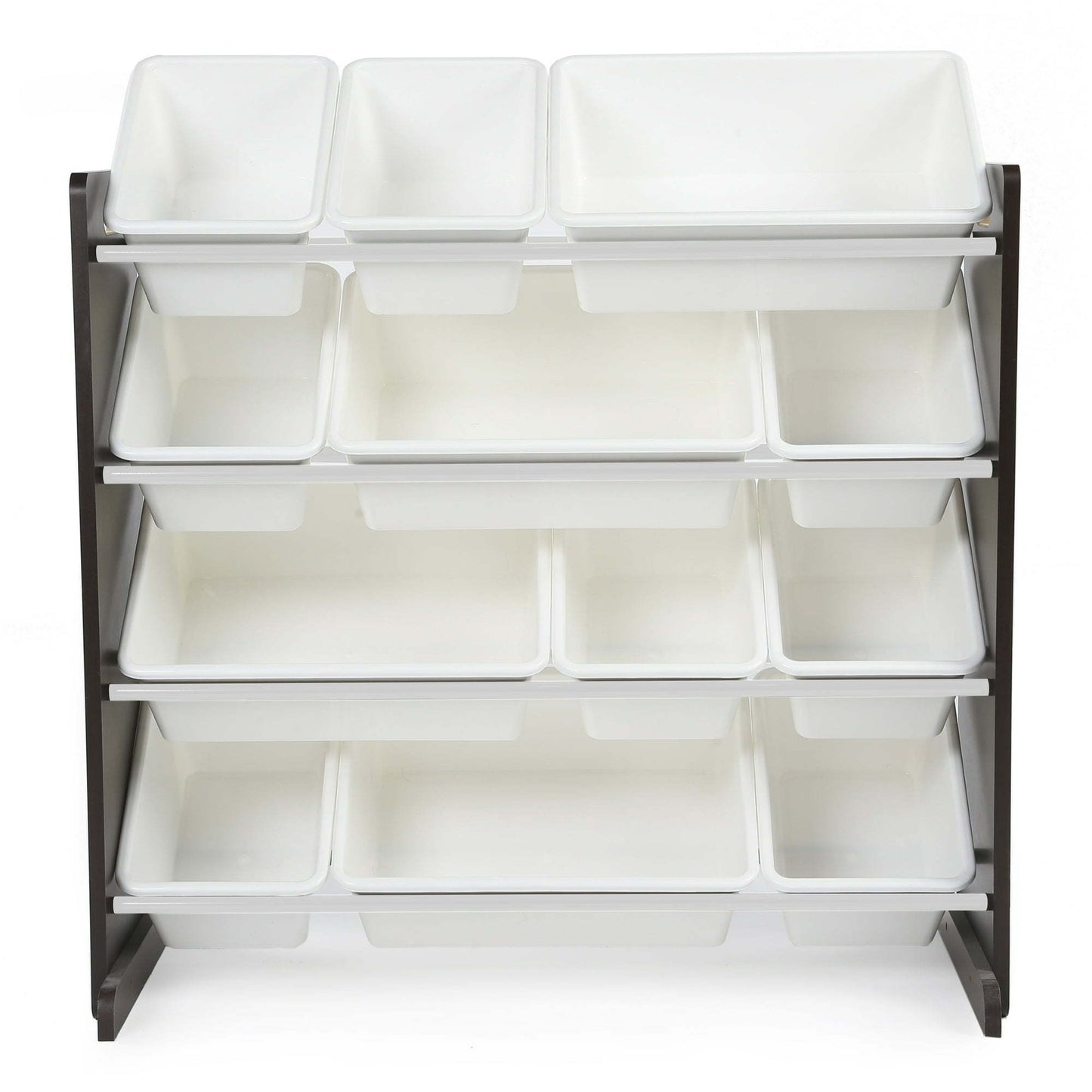 Children Wood and Plastic Organizing Rack with 12 Bins, Gray and White