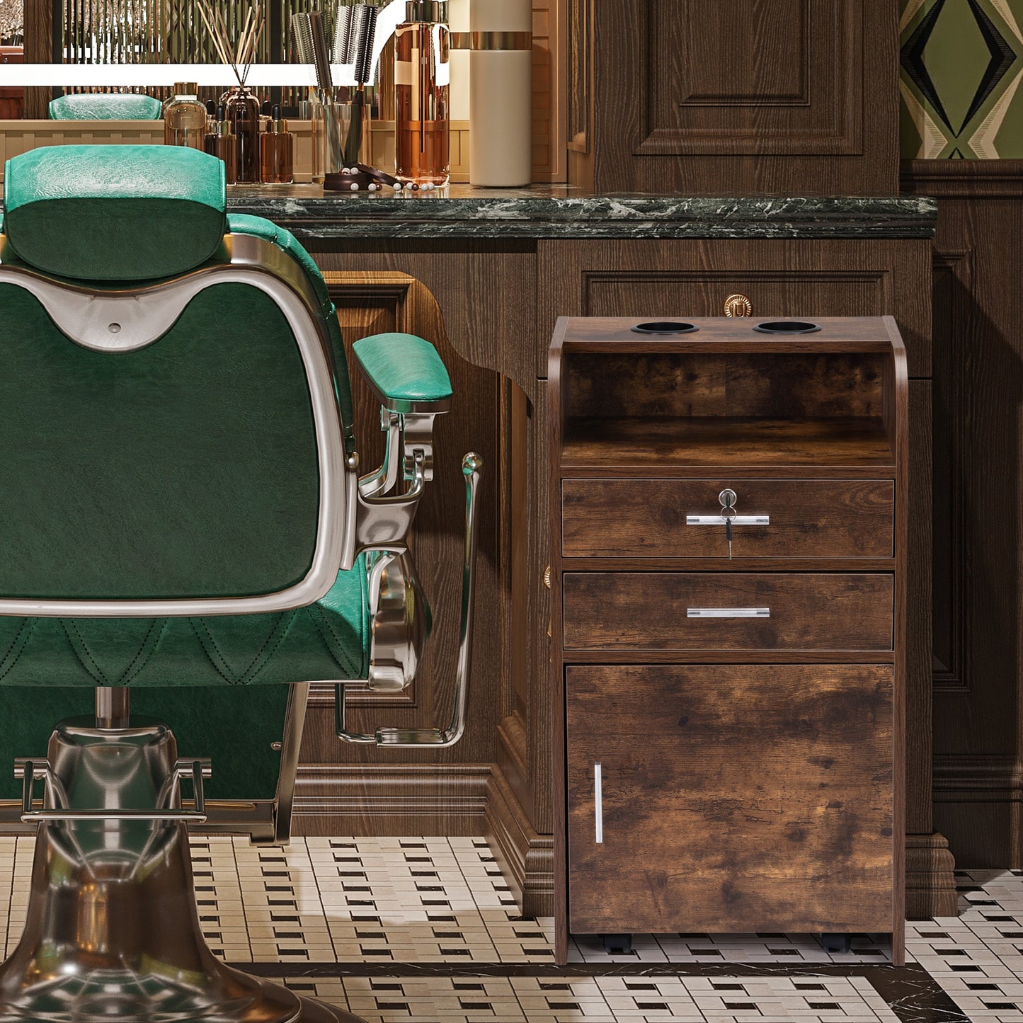 Salon Station, Hair Styling Station with Drawers, Cabinet and Hair Dryer Holders, Rustic Brown