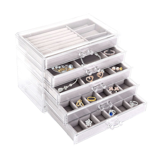 Clear Acrylic Jewelry Box Organizer with 5 Drawers Stackable Jewelry Holder Velvet Storage Case for Earrings Rings Bracelets Necklaces Ideal Gift for Women Teen Girls