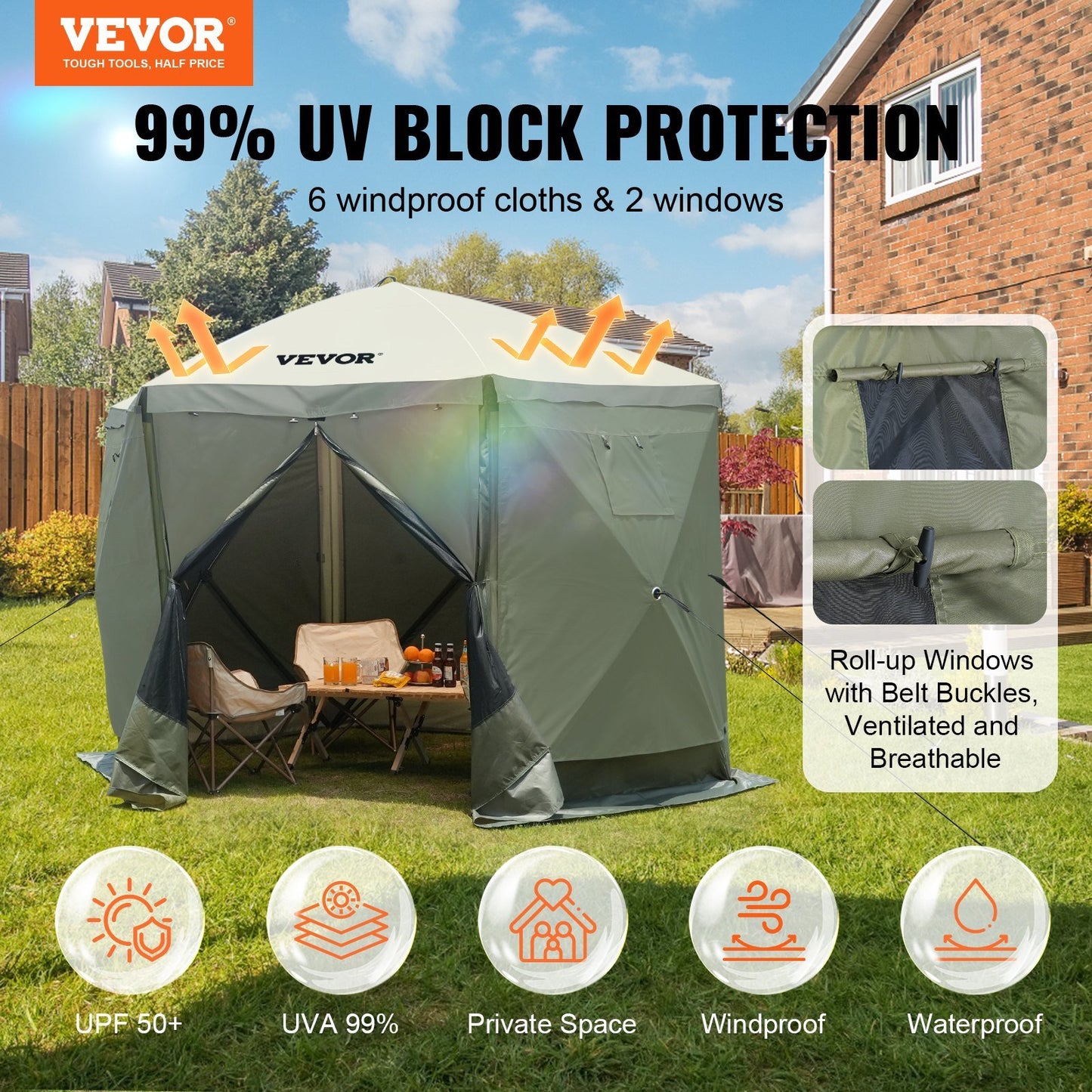 VEVOR Pop Up Gazebo Tent, Pop-Up Screen Tent 6 Sided Canopy Sun Shelter with 6 Removable Privacy Wind Cloths & Mesh Windows, 10x10FT Quick Set Screen Tent with Mosquito Netting, Army Green