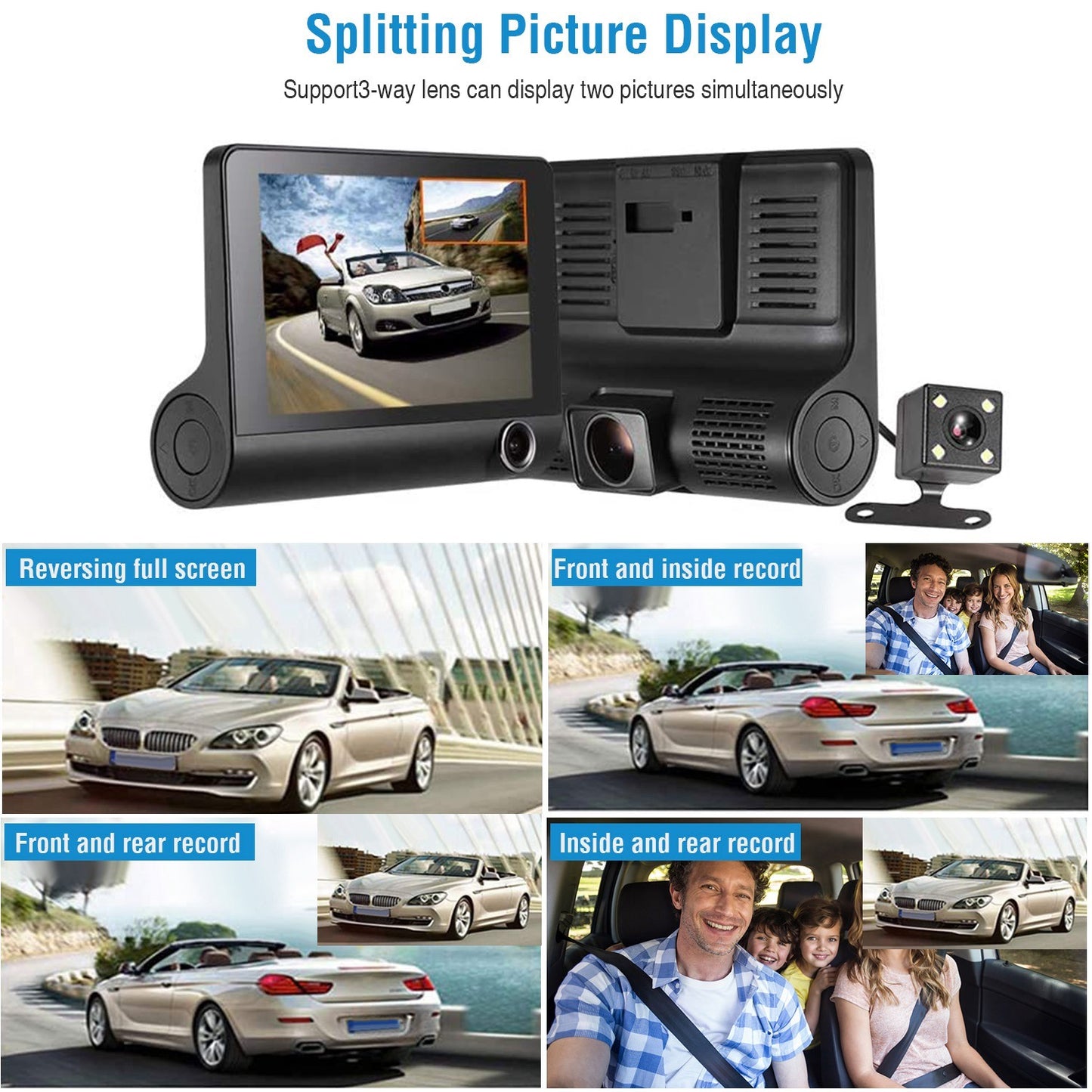 FHD 1080P Touch Screen Car DVR Dash Camera 4In 3 Lens Vehicle Driving Recorder Seamless Loop Recording