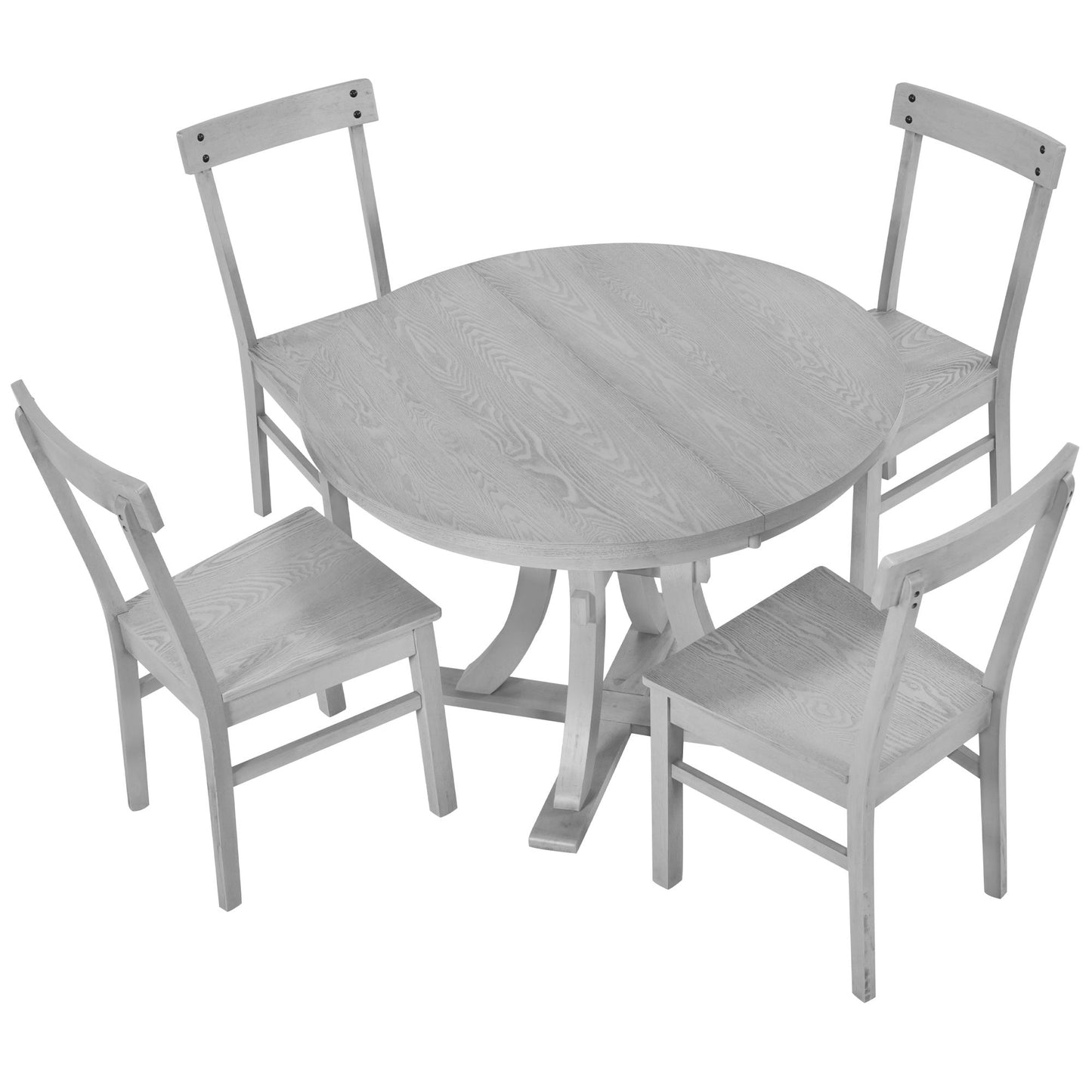 5-Piece Rustic Round Pedestal Extendable Dining Table Set with 15.7\" Removable Leaf and Simple Dining Chirs for Small Places