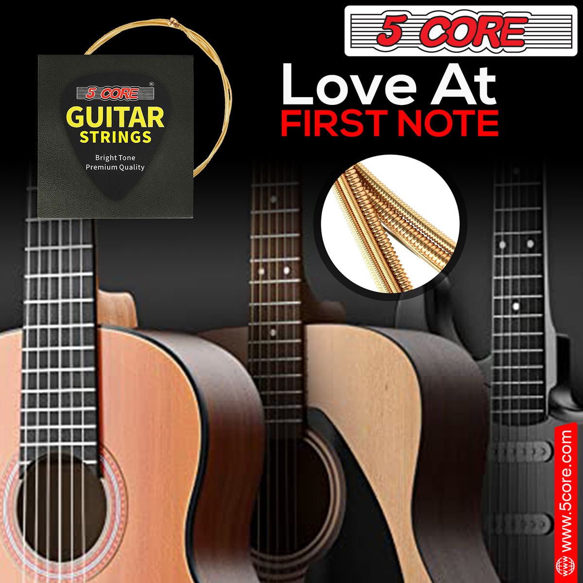 5 Core Brass Acoustic Guitar Strings, Heavy Duty Gauge High-Carbon Steel Core .013-.066 GS AC BRSS HD