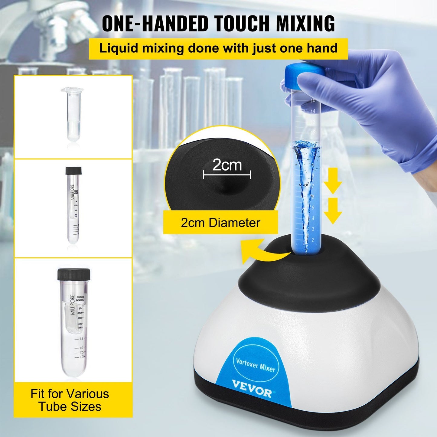 VEVOR Vortex Mixer, 3000RPM Mini Vortex Mixer Shaker, Touch Function Scientific Lab Vortex Shaker, Mix Up to 50ML, 6mm Orbital Diameter for Test Tube, Tattoo Ink, Nail Polish, Eyelash Adhesives, Paint