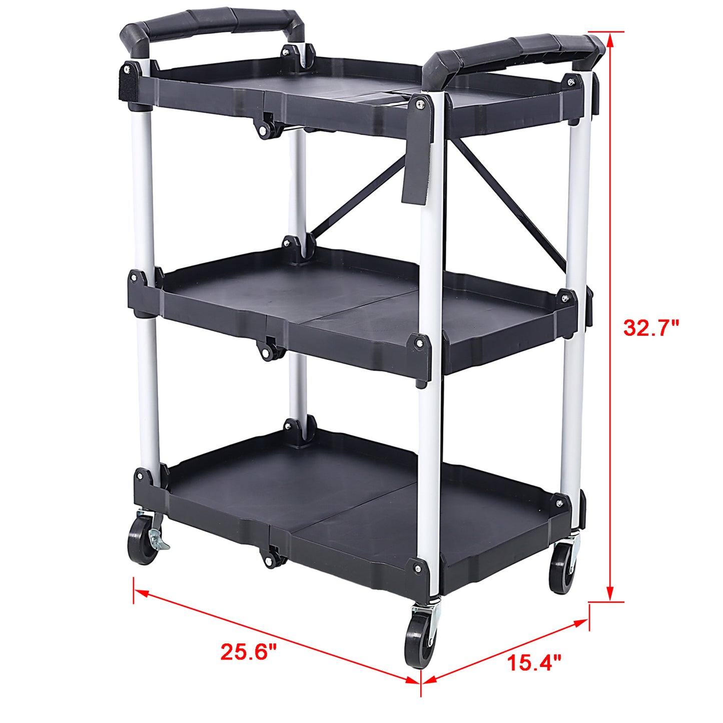 3 Layers Folding Collapsible Service Cart Pack-N-Roll Folding Collapsible Service Cart, Black, 50 Lb. Load Capacity per Shelf