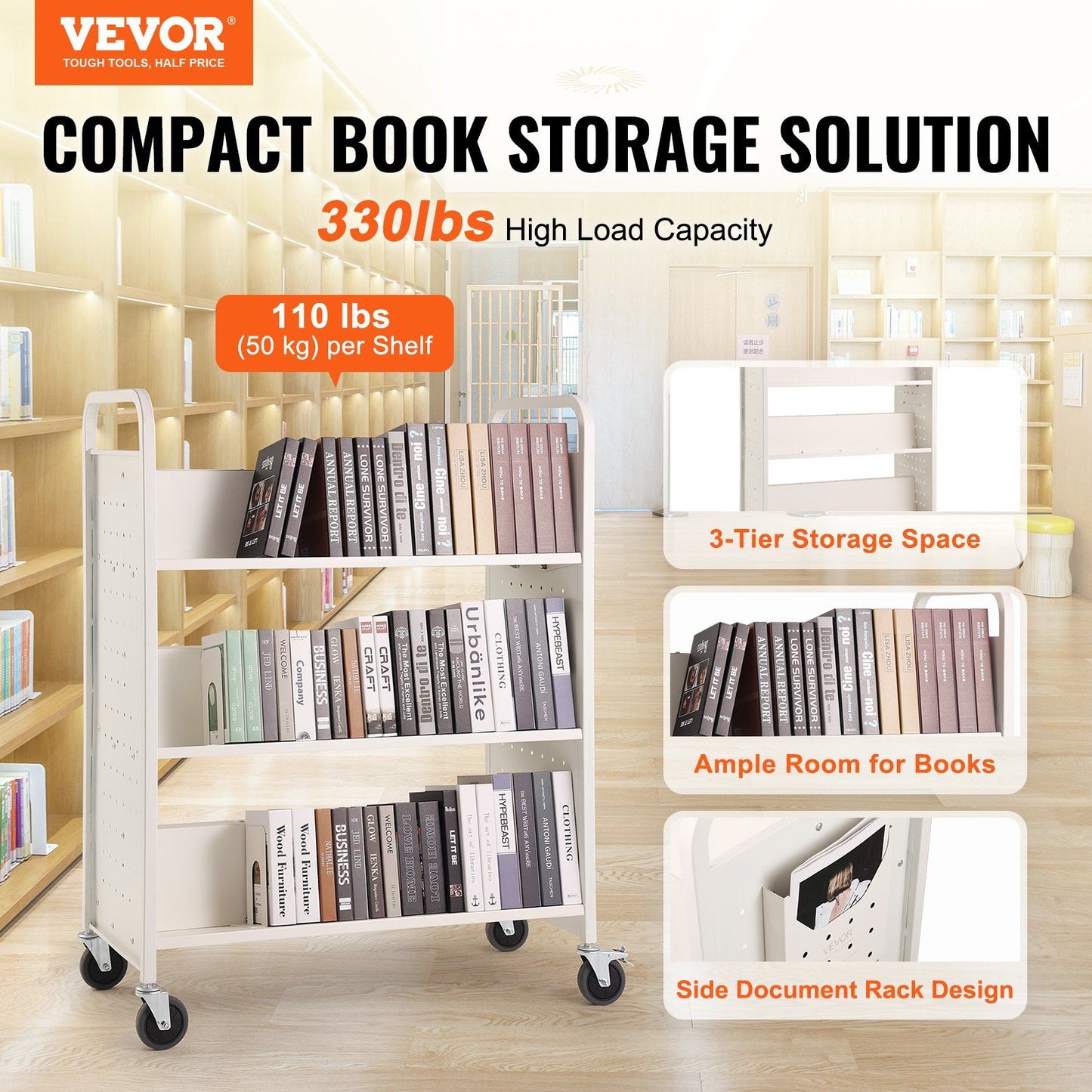 VEVOR Book Cart, 330 lbs Library Cart, 39.4" x 20.1" x 49.2" Rolling Book Cart, Double Sided W-Shaped Sloped Shelves with 4-Inch Lockable Wheels for Home Shelves Office School, Book Truck in White