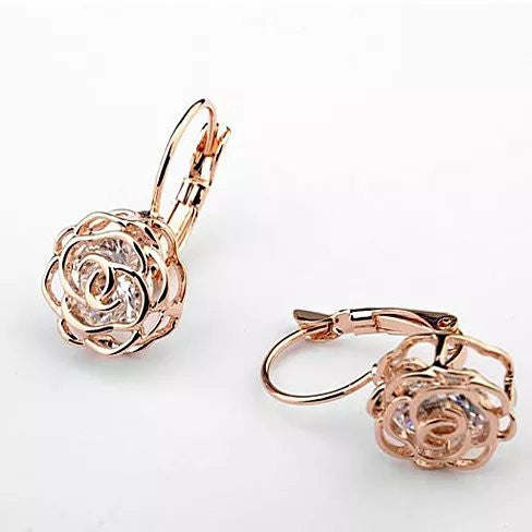 ROSE IS A ROSE 18kt Rose Crystal Earrings In White Yellow And Rose Gold Plating