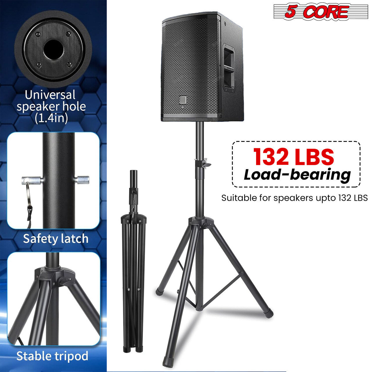 5 Core Speaker Stand Tripod Pair Tall Height Adjustable Heavy Duty DJ Light Floor Stands Universal 35mm Pole Mount PA Studio Monitor Large Subwoofer Support - - SS HD 2PK BLK BAG