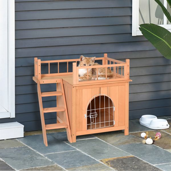 Natural Wood 2-Level Wooden Cat House with Lockable Wire Door