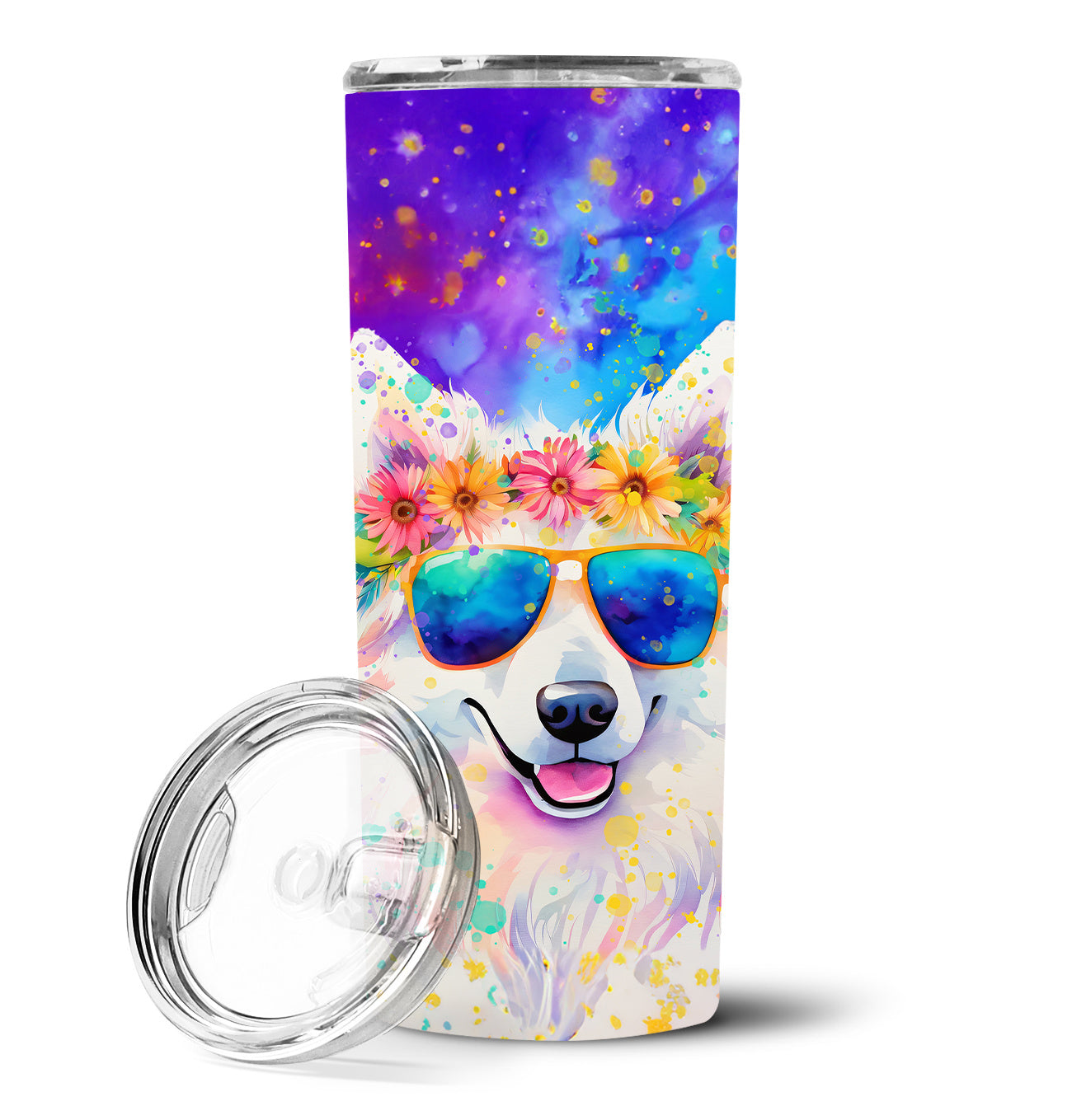 Samoyed Hippie Dawg Stainless Steel Skinny Tumbler Vacuum Double Walled Reusable Insulated Tumbler Travel Cup for Coffee Cocktails Gift with Lid, 20 oz