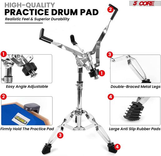 5Core Drum Throne Adjustable Guitar Stool Padded Seat + Drum Practice Pad Snare Drumming Stand - DS CH BLU + DPAD COMBO BLU