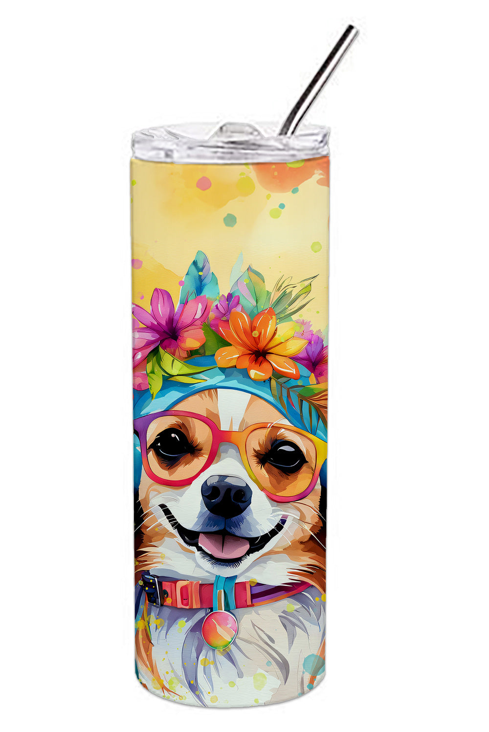 Chihuahua Hippie Dawg Stainless Steel Skinny Tumbler Vacuum Double Walled Reusable Insulated Tumbler Travel Cup for Coffee Cocktails Gift with Lid, 20 oz