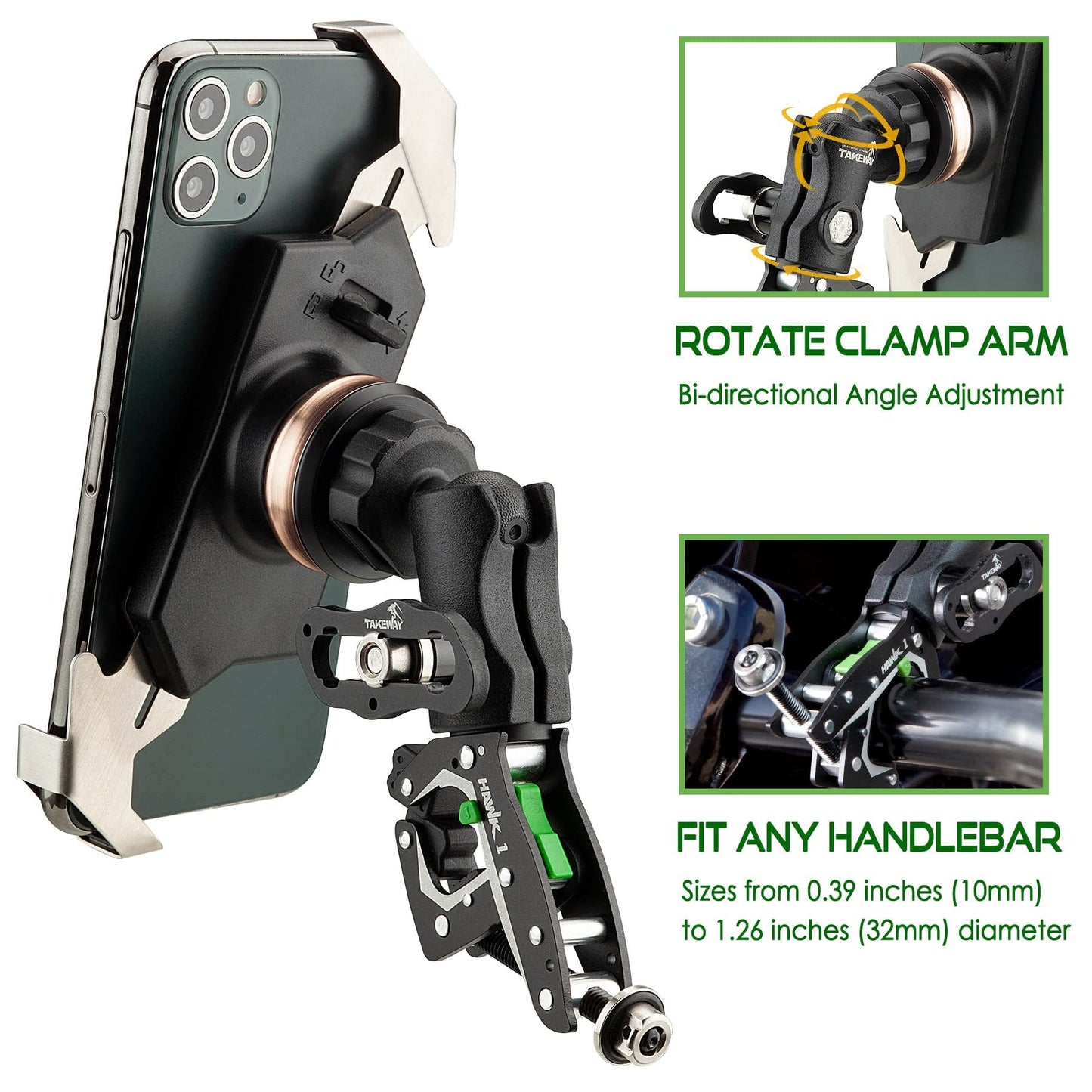 TAKEWAY Clampod HAWK1-PH05 Phone Mounts Holder, Motorcycle and Various Vehicles Handlebar Clamp Base, Adjustable, Stable, Double Socket Arm, Multi-Angle Vision Ideal for All iPhone, and Any Cell Phone