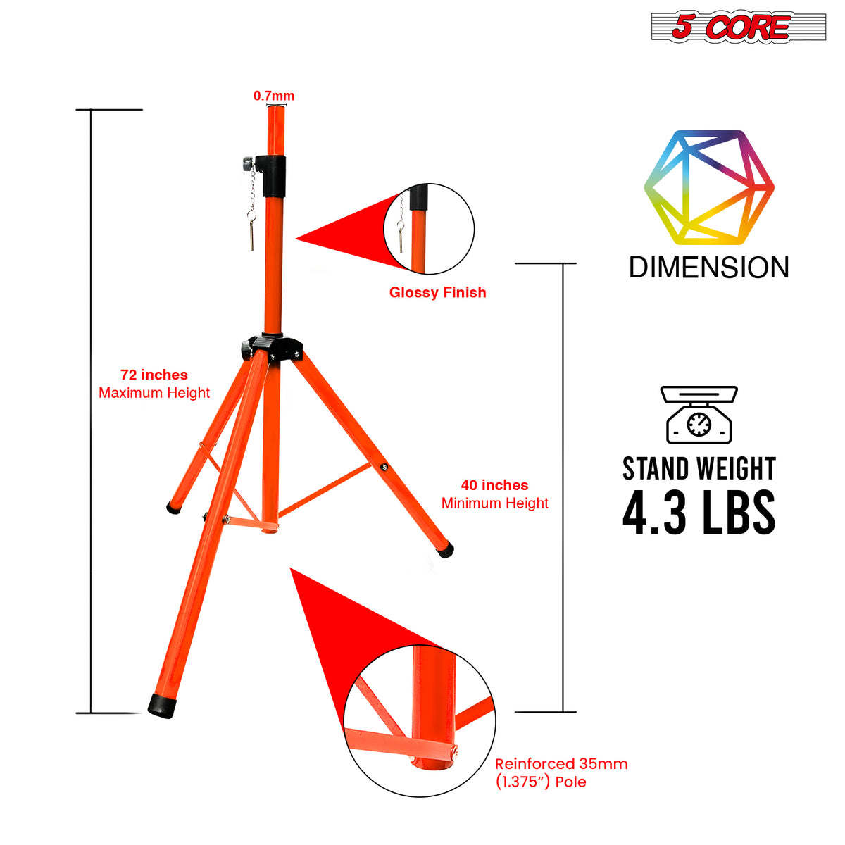 5 Core Speaker Stand Tripod Floor Tall Adjustable Up to 72 Inch DJ Studio Monitor Stands Pole Mount - SS ECO ORG WOB