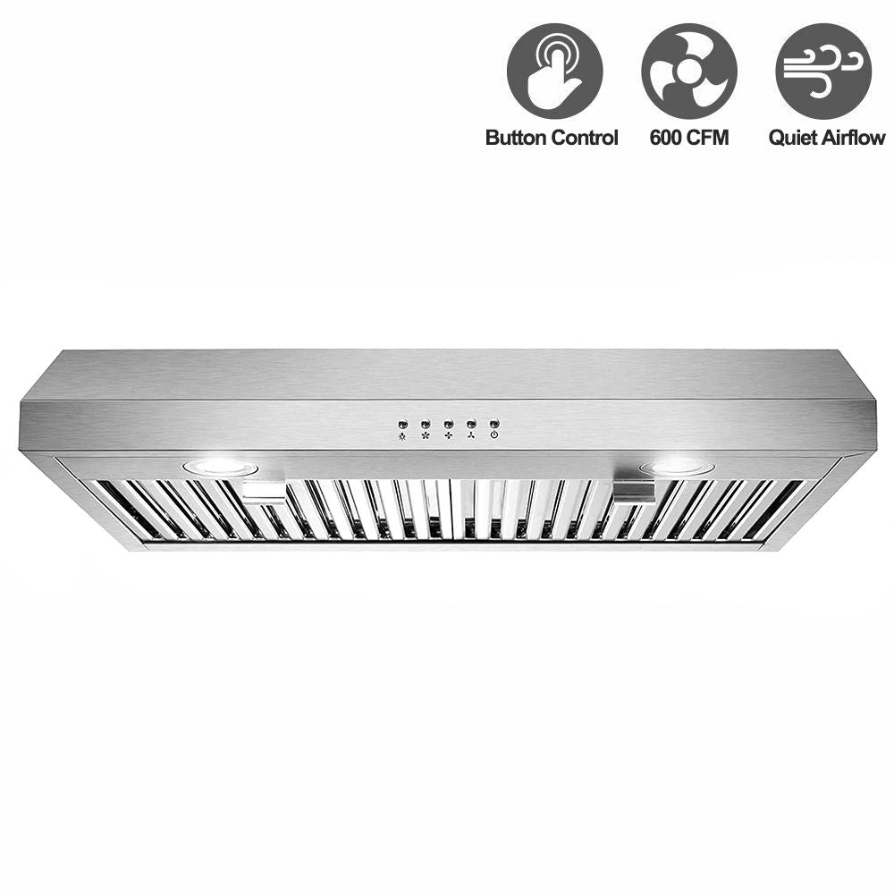 30 inch Kitchen Under Cabinet Range Hood 3-Speed 600CFM Vent w/LEDs Silver/Black