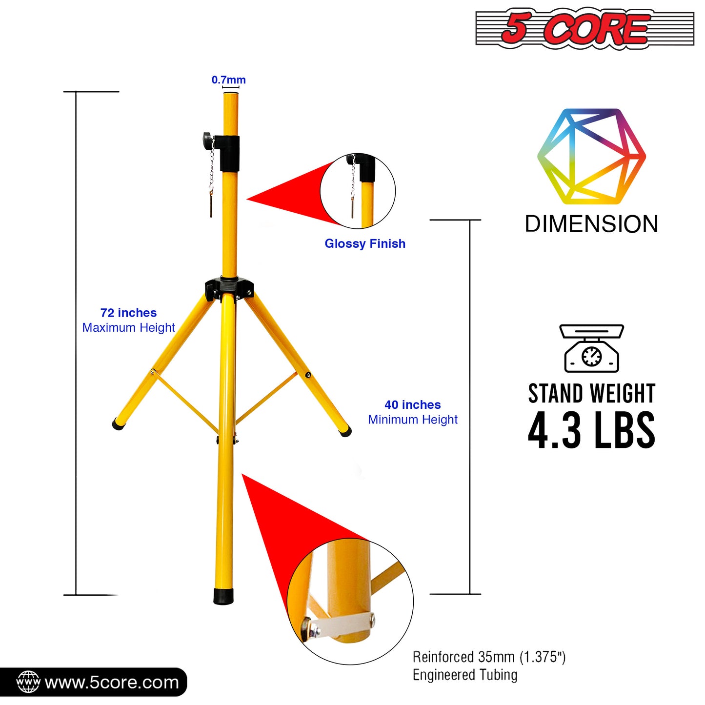 5 Core Speaker Stand Tripod Floor Tall Pair Adjustable Up to 72 Inch DJ Studio Monitor Stands Pole Mount  - SS ECO 2PK WoB