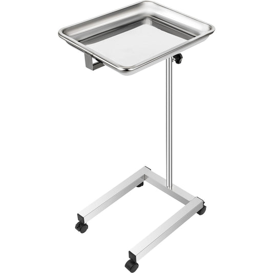 VEVOR Lab Cart Stainless Steel Mayo Tray Stand 18x14 Inch Trolley Mayo Stand Adjustable Height 32-51 Inch Instrument Tray w/Removable Tray & 4 Omnidirectional Wheels for Home Equipment Personal Care