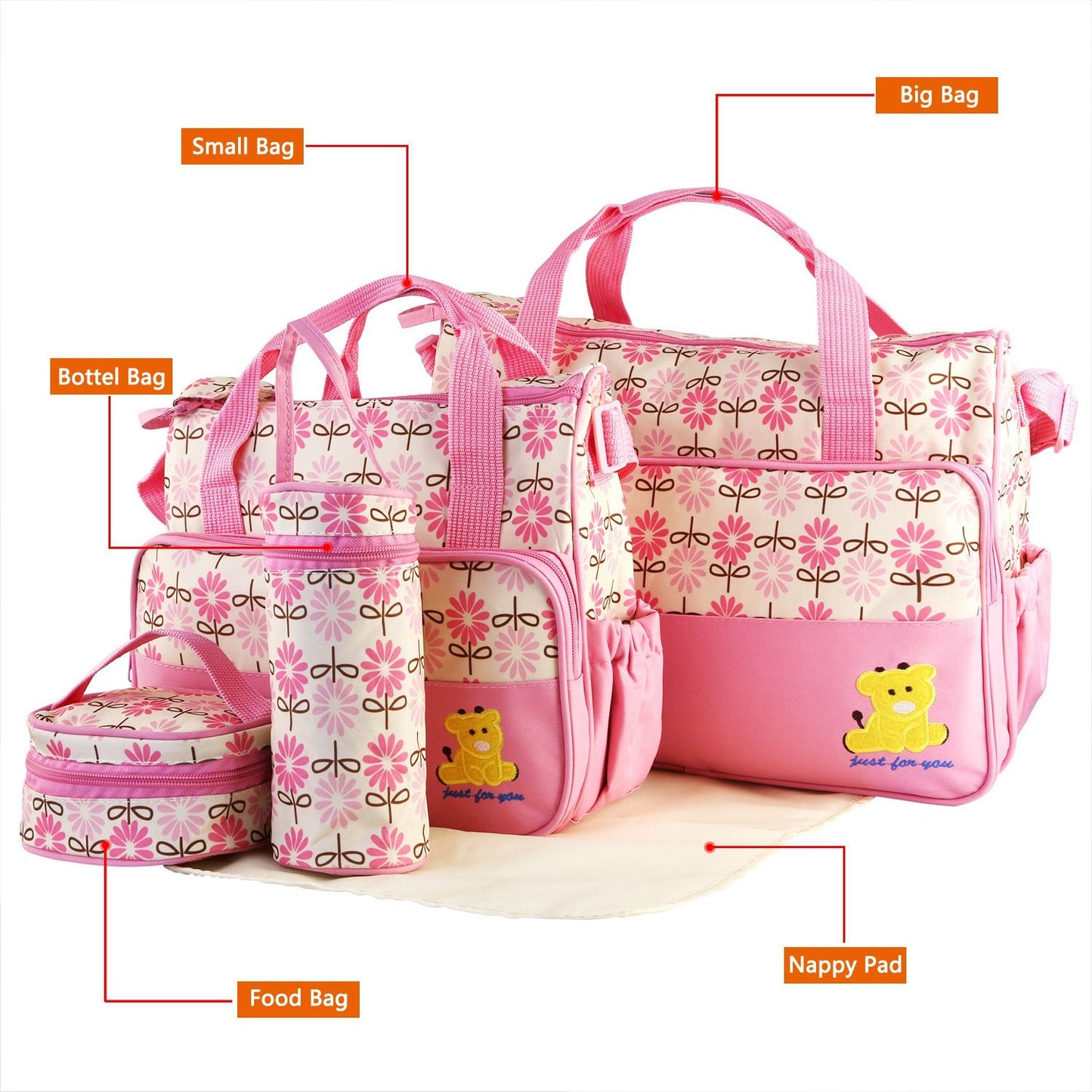 5PCS Baby Nappy Diaper Bags Set Mummy Diaper Shoulder Bags w/ Nappy Changing Pad Insulated Pockets Travel Tote Bags