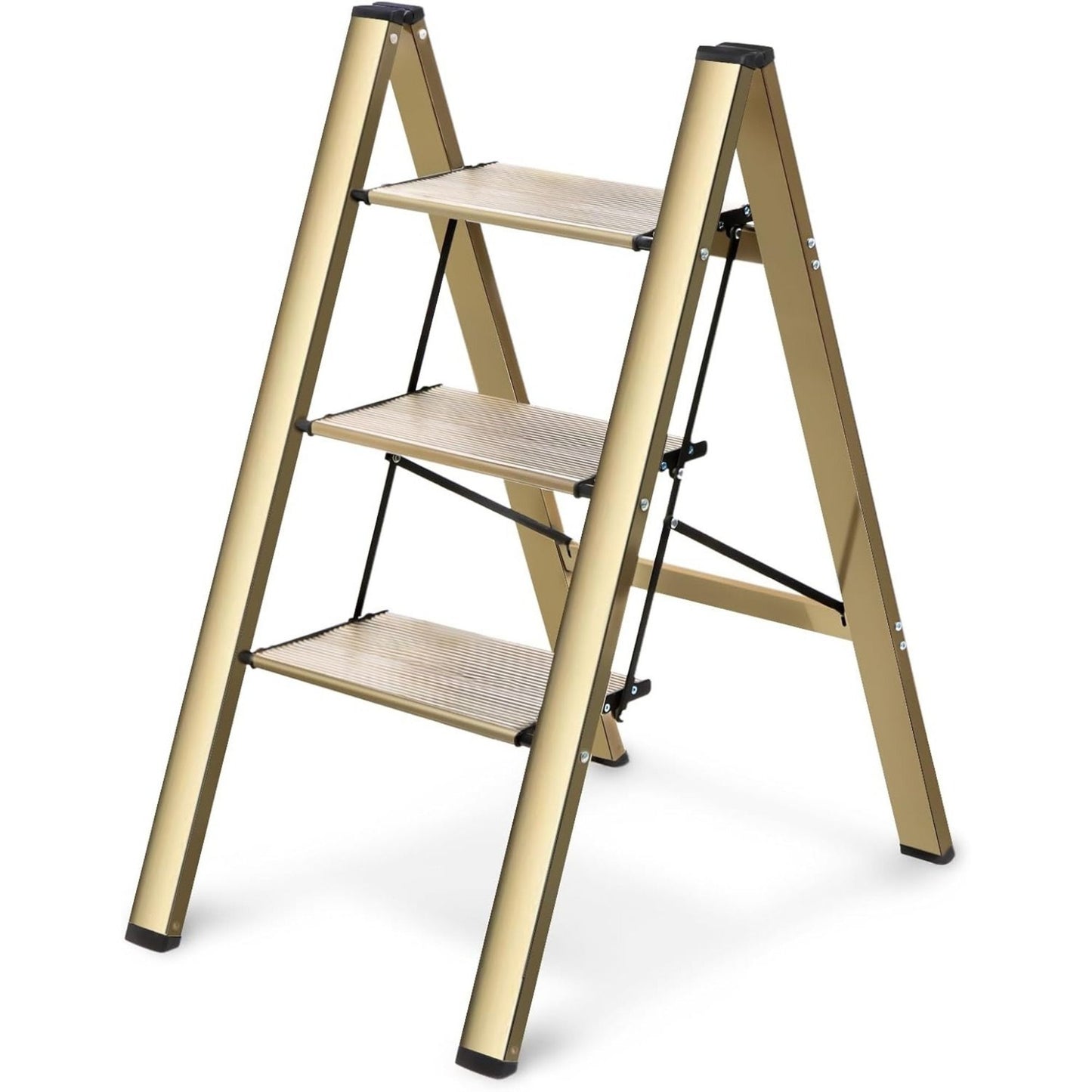 3-level ladder, foldable step stool with wide anti slip pedals, lightweight aluminum ladder, suitable for portable stairs in homes, kitchens, and offices, 300lbs gold color