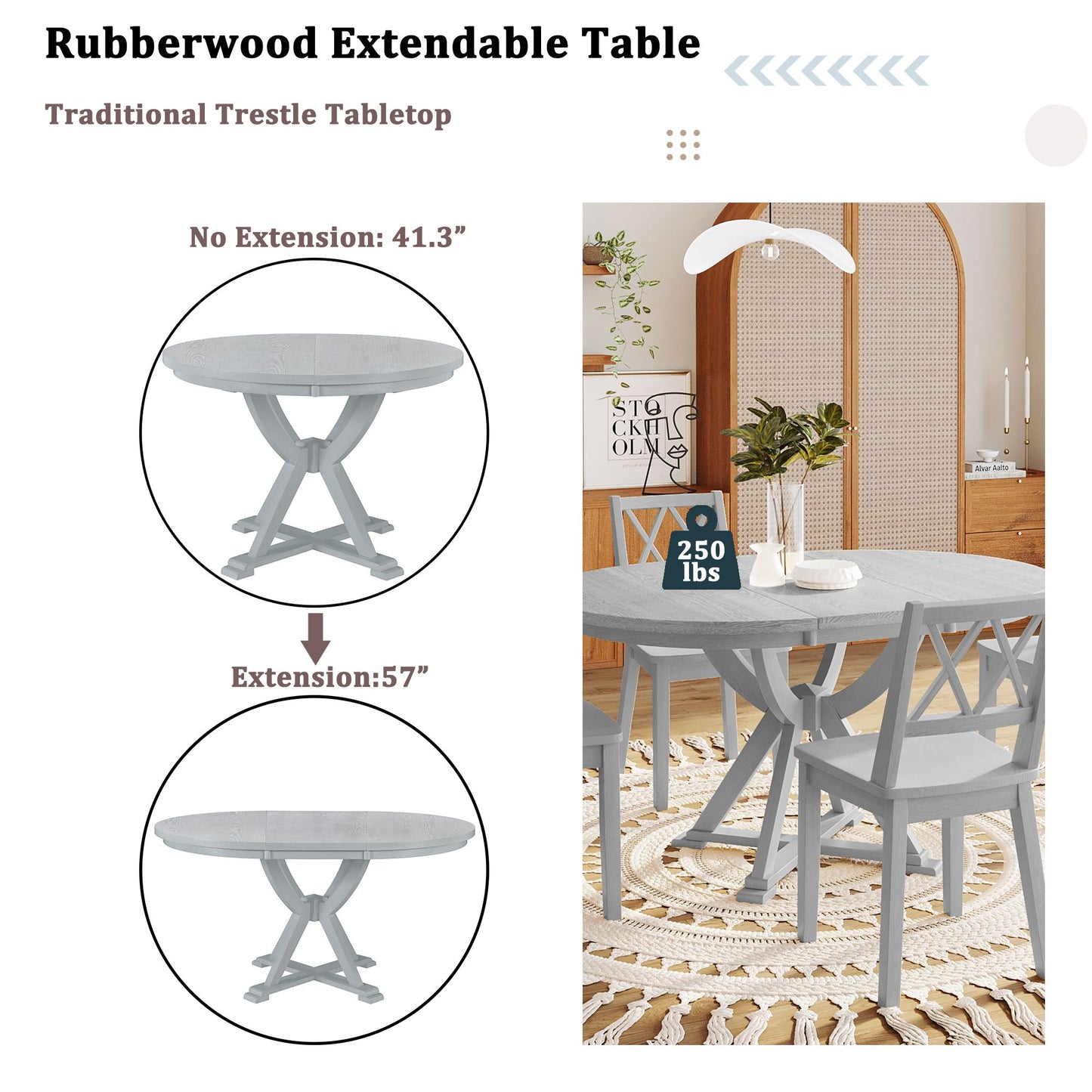 Mid-Century 5-Piece Extendable Round Dining Table Set with 15.7" Removable Leaf and 4 Cross Back Dining Chairs