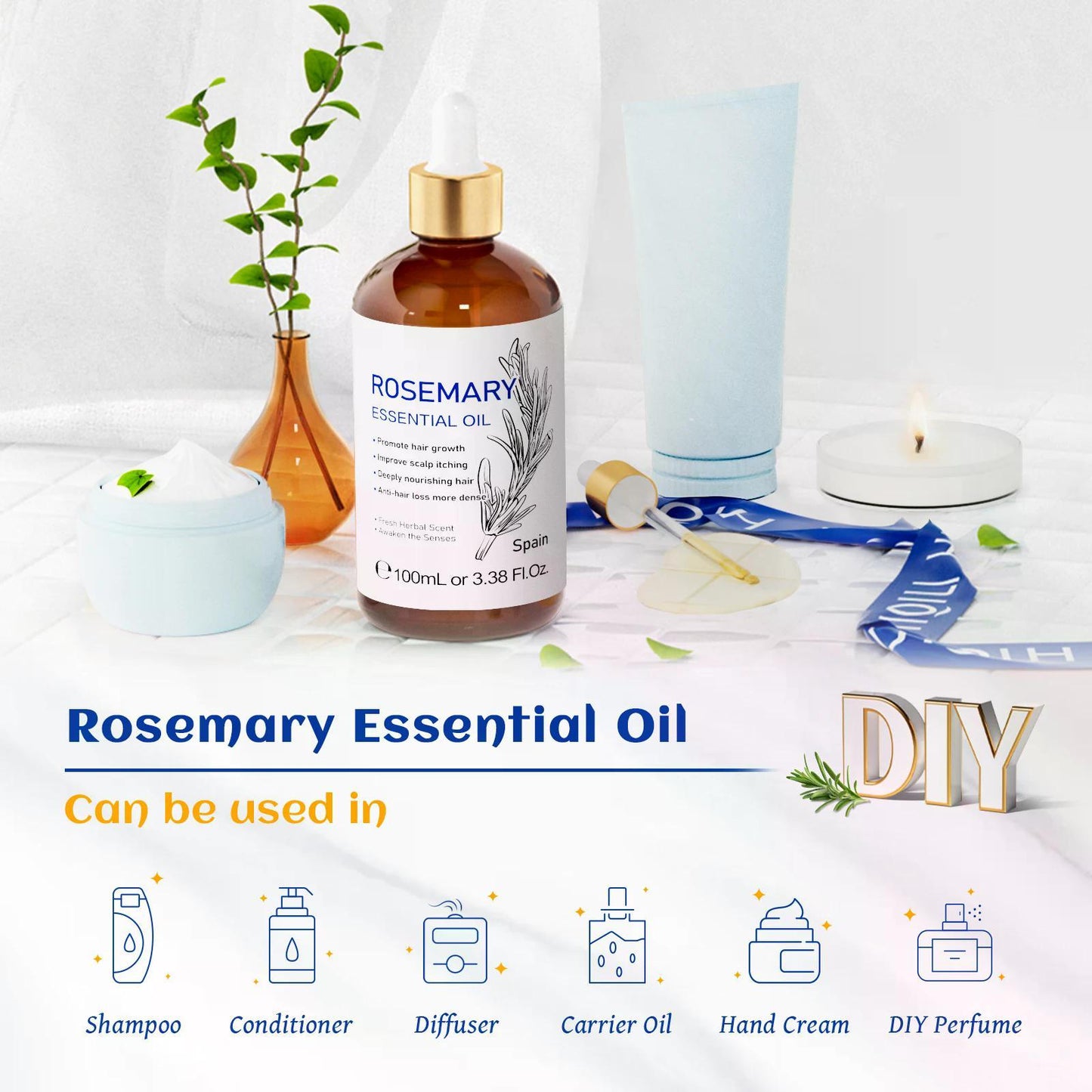 HIQILI Rosemary Jasmine Lavender Mint Essential Oils for Hair Care, increasing luster, Massage, Skin Care, Diffuser, Humidifier