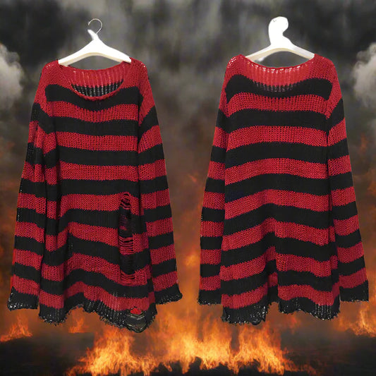 The Hollowed-Out Freddy Striped Sweater – Punk Gothic Streetwear for Horror Fans