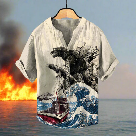 Japanese Water Monster Linen Shirt – Men's Summer Giant Kaiju Print Hawaiian-Style Short Sleeve