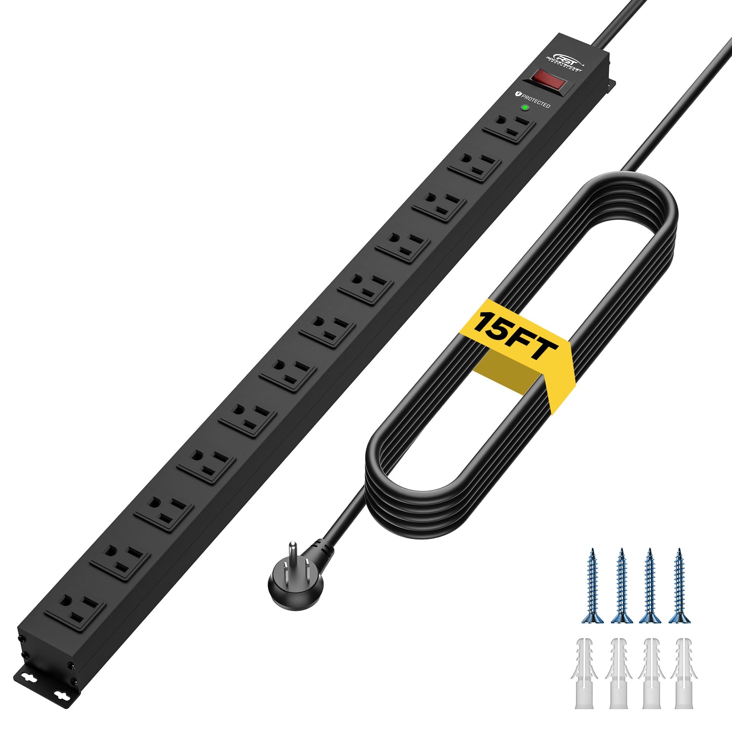 CRST 12-Outlet Metal Surge Protector Power Strip, 2100 Joules,  Heavy Duty 6FT/15FT Extension Cord, Wide Spaced Outlets for Large Adapters, Mountable Design for Workshop Garage