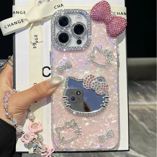 Hello Kitty Glitter Guard Mirror Case – 3D Cute Shockproof Anime Cover for iPhone 11–16 Pro Max (MINISO Edition)