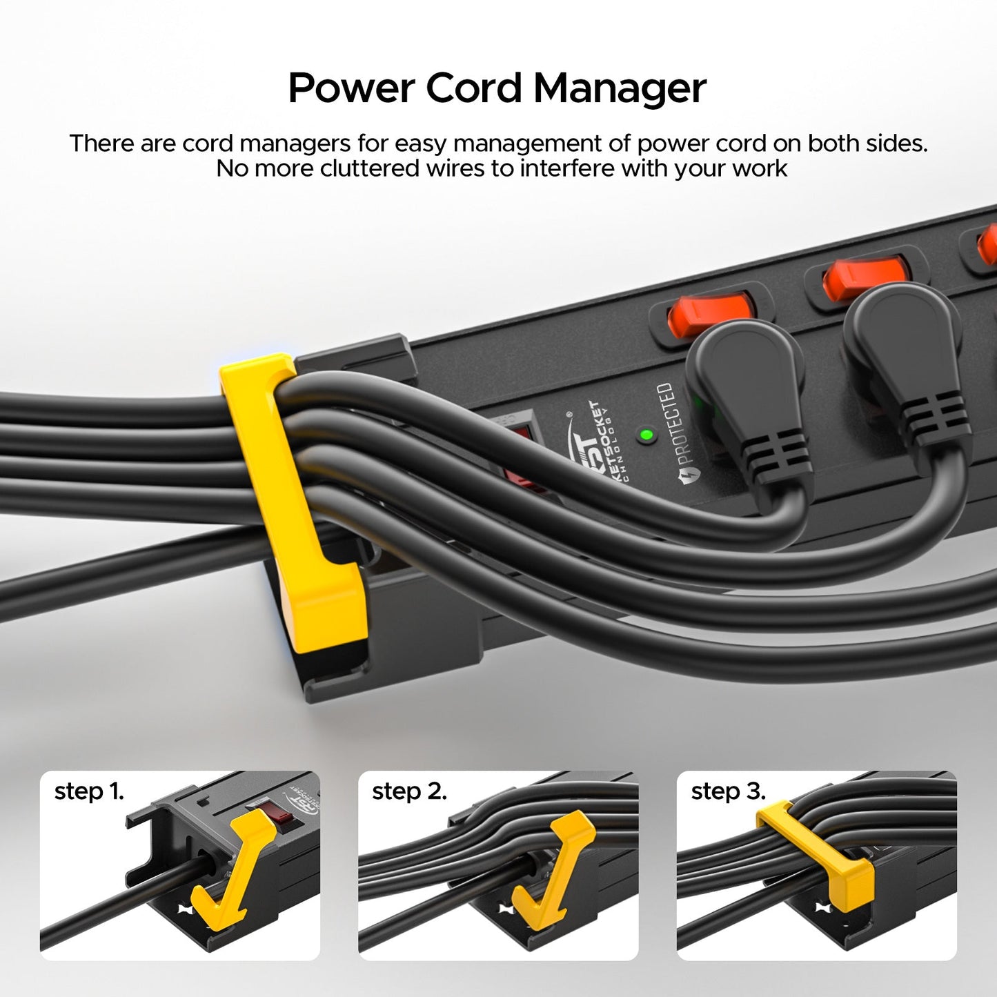 CRST 12-Outlet Metal Power Strip Surge Protector with Individual Switches, 1020 Joules, 9ft Heavy Duty 14AWG Cord, Dual Adjustable Cord Managers, Industrial Wall Mountable Power Bar for Workshop & Garage