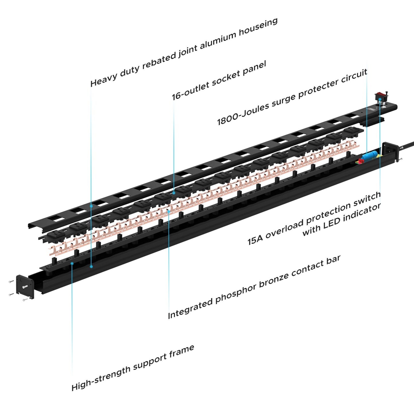 CRST 16-Outlet Metal Power Strip Surge Protector, 1800 Joules, 2.6" Ultra-Wide Spaced Outlets for Large Adapters, 15ft Heavy Duty Cord, Industrial Mountable Design with EMI Filter