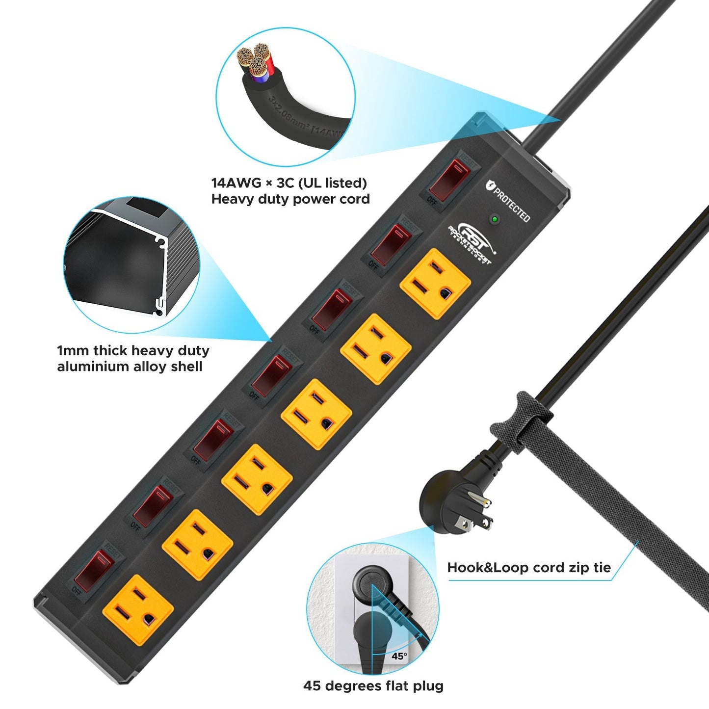 CRST 6-Outlet Metal Power Strip | 6 Individual Switches + Master Switch, Versatile Mounting System, 1200J Surge Protector, 45° Flat Plug, SGS Certified