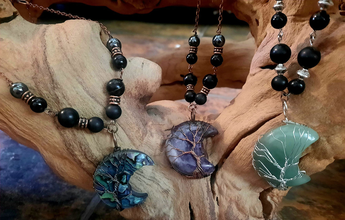 EMF Shielding Necklace Amethyst Crescent Moon Wire Wrapped Shungite Black Tourmaline Hematite