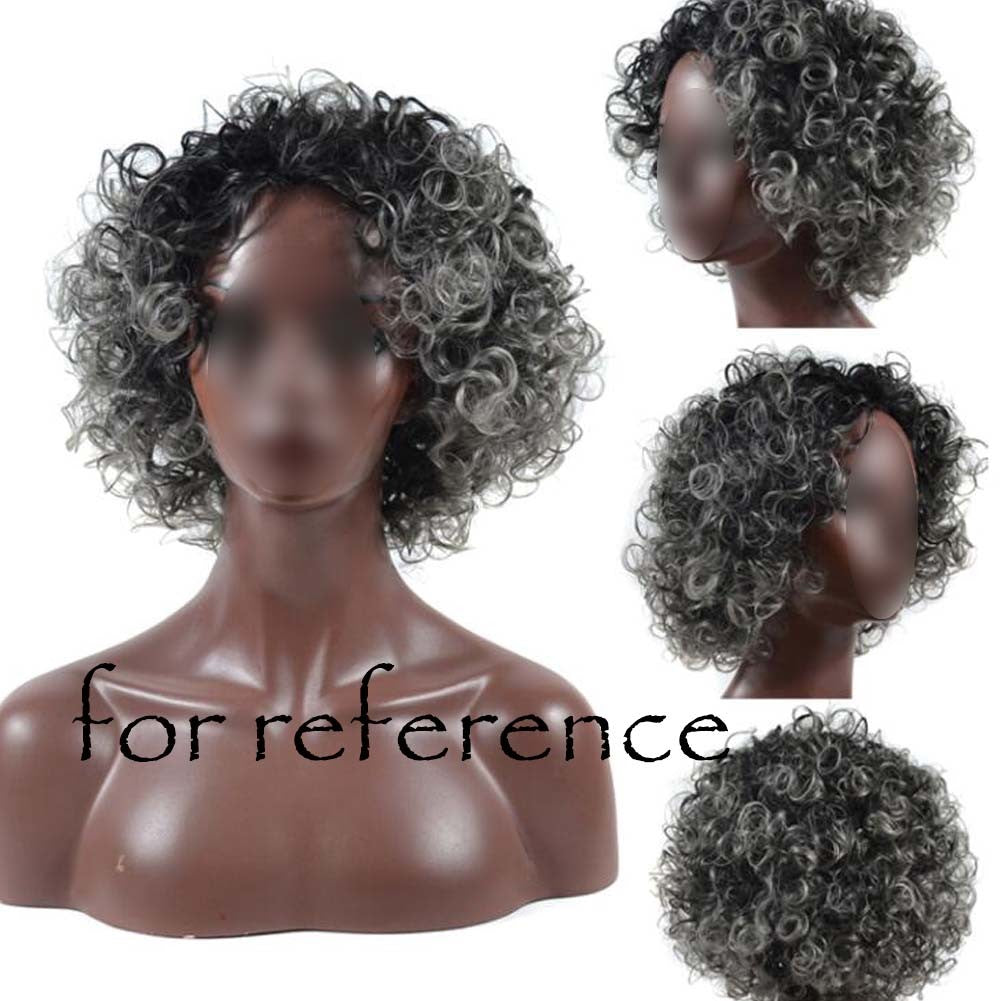 Black Grey Afro Short Curly Wigs Fluffy Wavy Synthetic Hair Wig 2Tone Natural Looking Full Wigs,12 inch