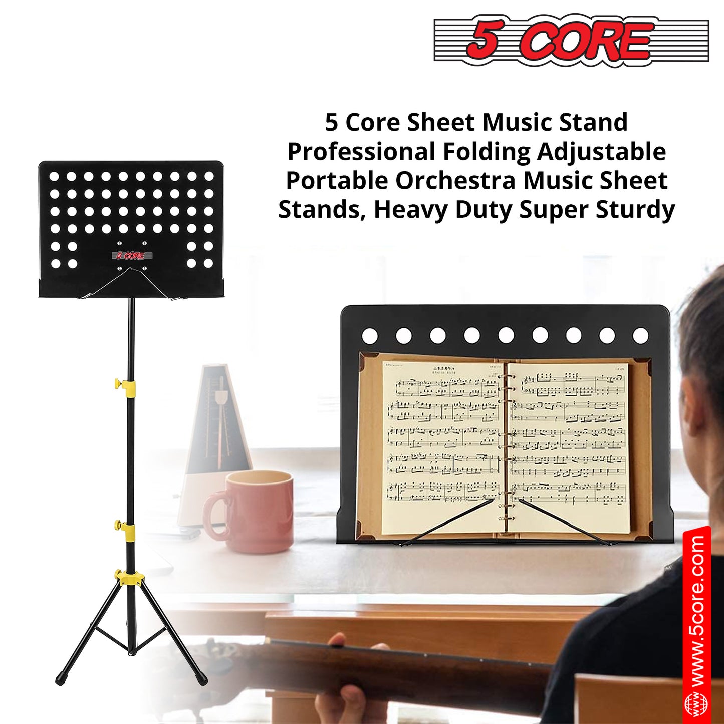 5 Core Sheet Music Stand Professional Folding Adjustable Portable Orchestra Music Sheet Stands; Heavy Duty Super Sturdy MUS YLW