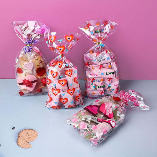 50pcs Valentine Cellophane Bags Love Heart Candy Cookie Treat Bags Gifts Goodies Bags