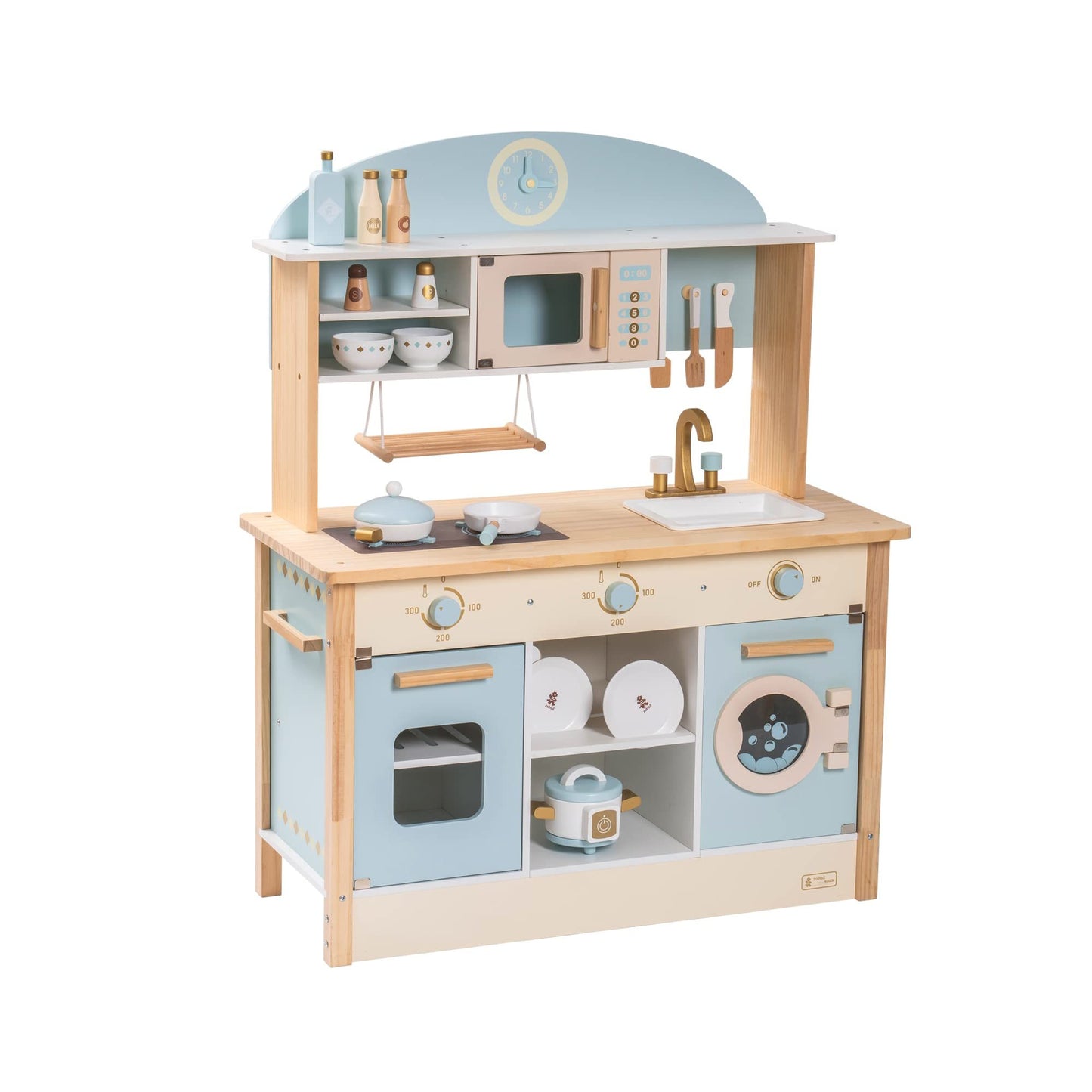 Robud Pretend Play Wooden Kitchen Set for Kids Microwave Oven Clock Towel Rack