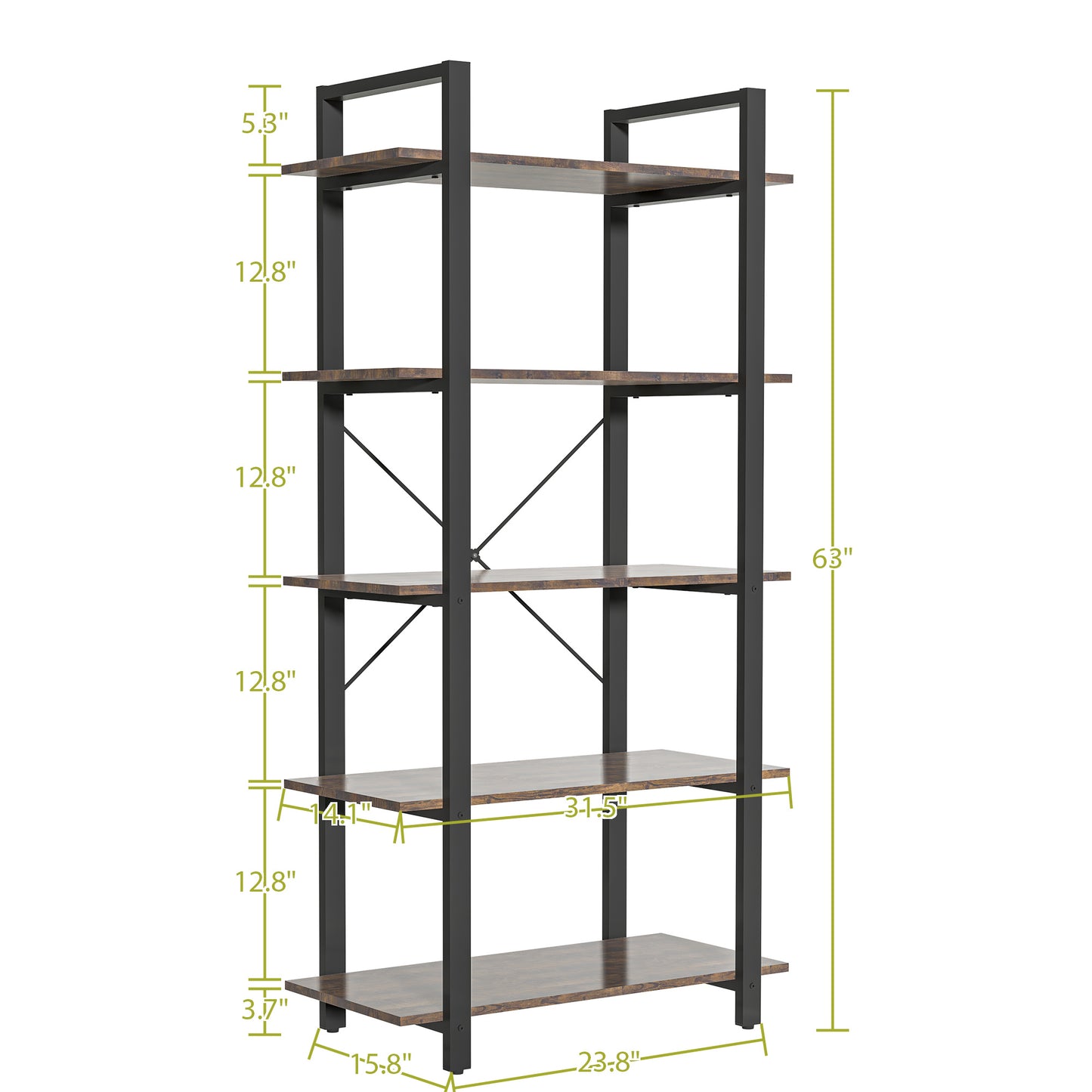 5 Tier Rustic Brown Shelf Wood and Metal Bookcase Vintage Industrial Bookshelf