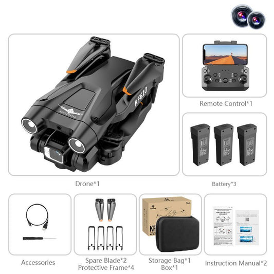 Dual Camera Drone; 3 Sides Obstacle Avoidance; Optical Flow Positioning; Automatic Shot Detection; Real-time Transmission; One Key Return; Folding Body; Suitable For Beginner