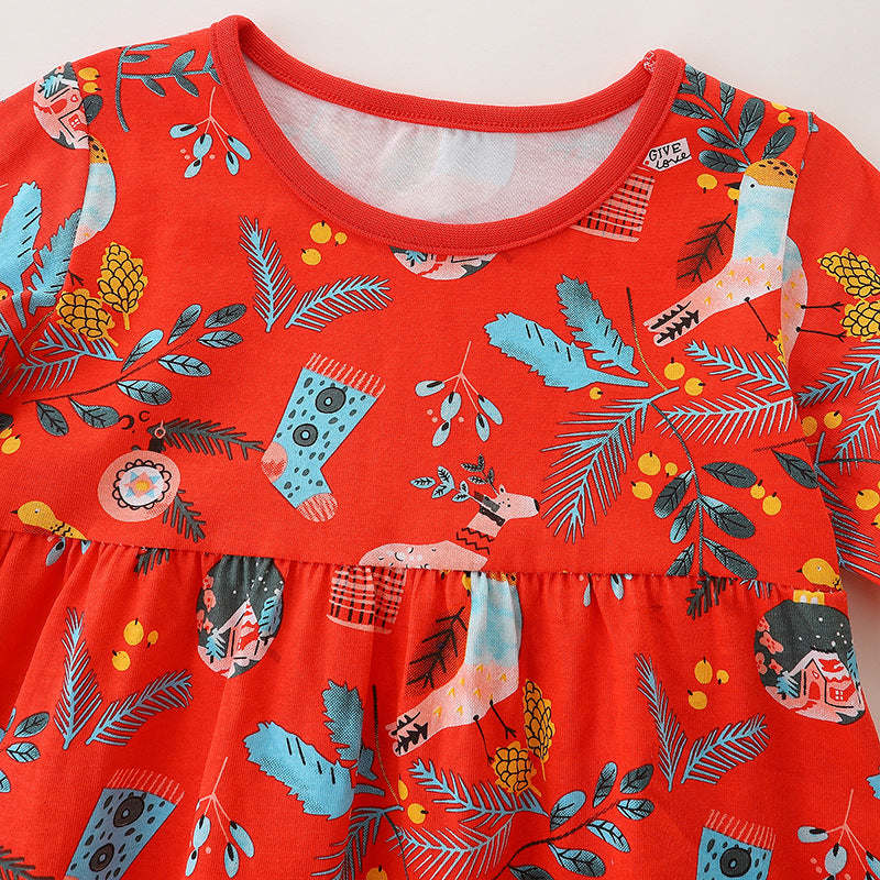 Baby Girl Floral Graphic Long Sleeve A-Line Design Loose Christmas Dress