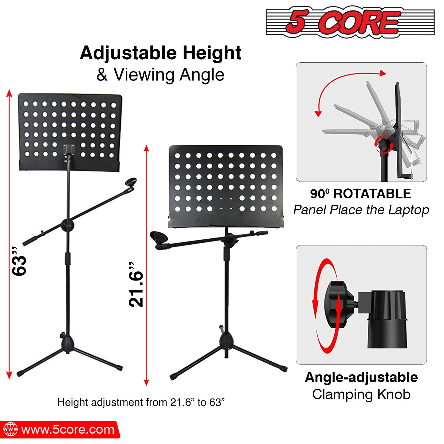 5 Core Sheet Music Stand With Mic Stand Holder - 3 IN 1 Professional Portable Music Stand with Folding Tray; Detachable Microphone Stand Dual-Use for Sheet Music & Projector Stand MUS MH