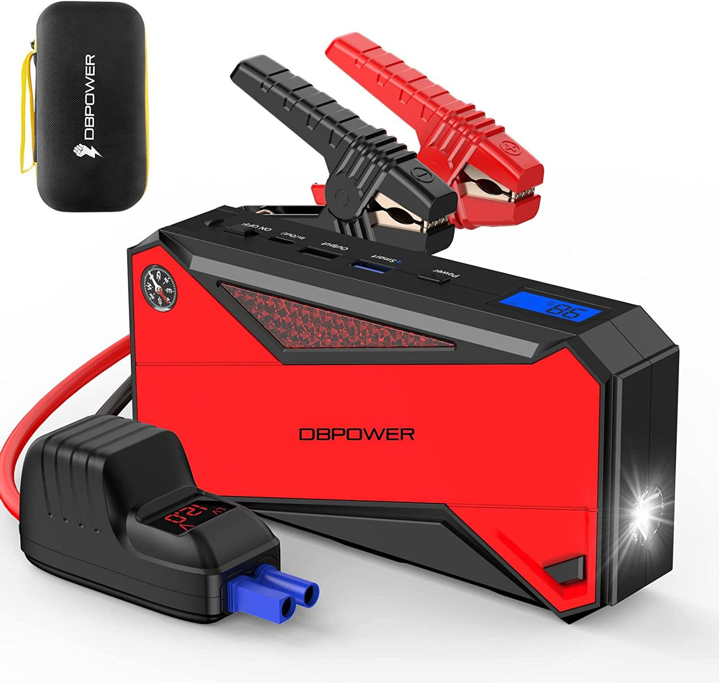 DBPOWER Peak 1600A 18000mAh Portable Car Jump Starter( up to 7.2 Gas;  5.5L Diesel Engines) Battery Booster with Smart Charging Port;  LCD Display;  Intelligent Jumper Clamps;  Compass and LED Light