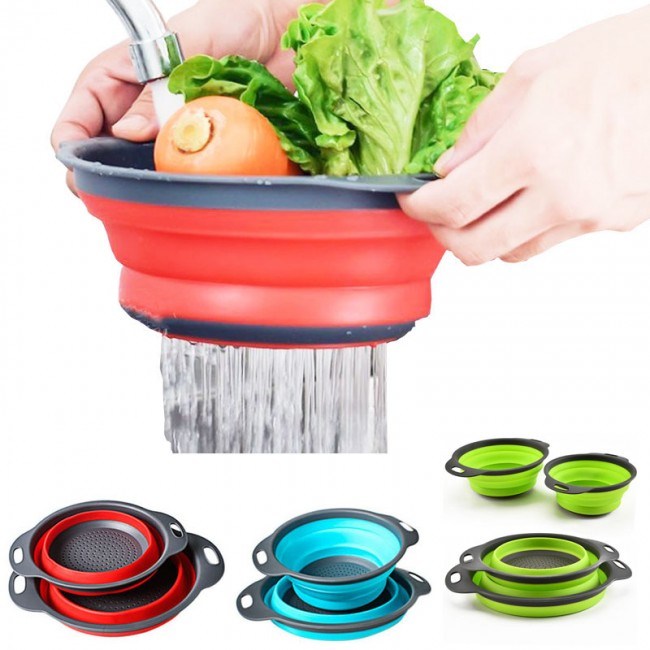 Collapsible Colander Silicone Bowl Strainer Set of 2, Portable Folding Filter Basket Bowls Container Rubber Strainer, Use for Draining Fruits, Vegetables and Pastas