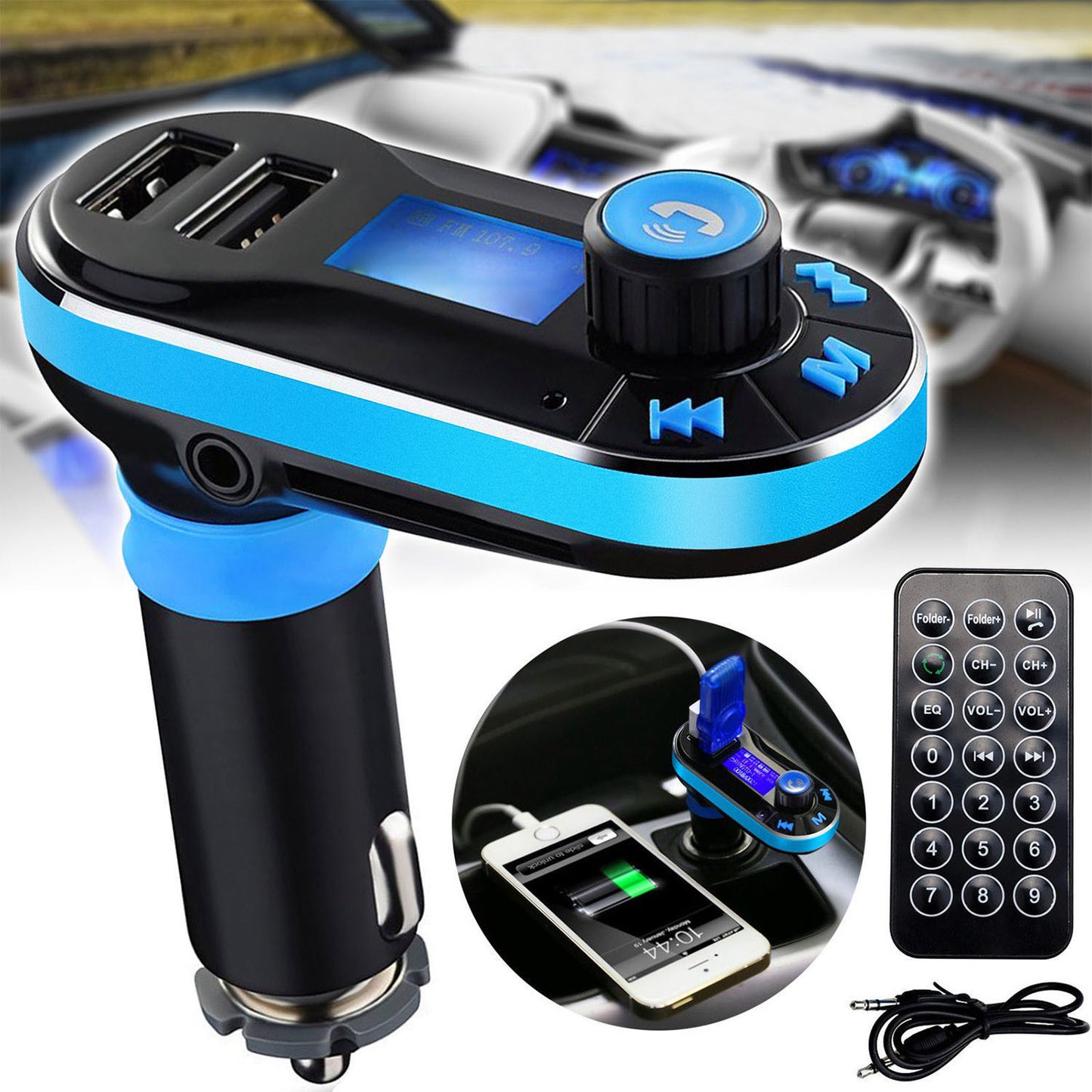 Car Wireless FM Transmitter Dual USB Charger Hands-free Call MP3 Player Aux-in LED Display Remote Controller