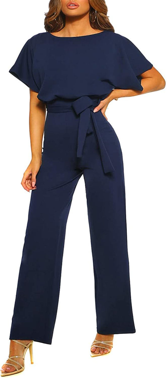 Women Casual Loose Short Sleeve Belted Wide Leg Pant Romper Jumpsuits