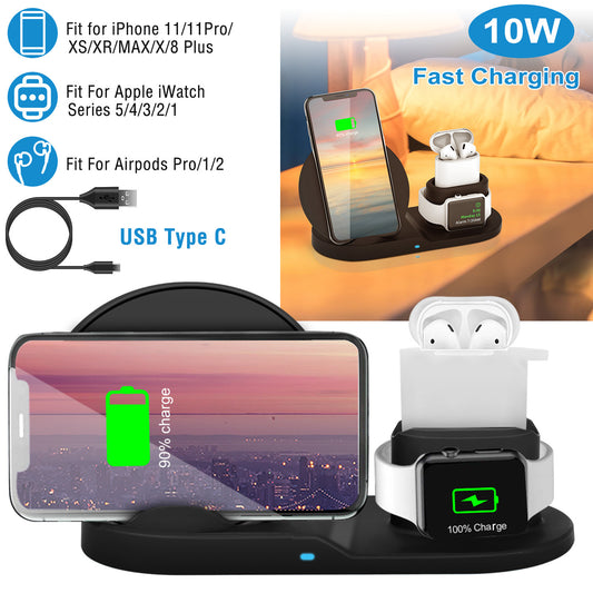 Wireless Charger 10W Fast Charging Station For iPhone Apple iWatch Series 5/4/3/2/1 AirPods