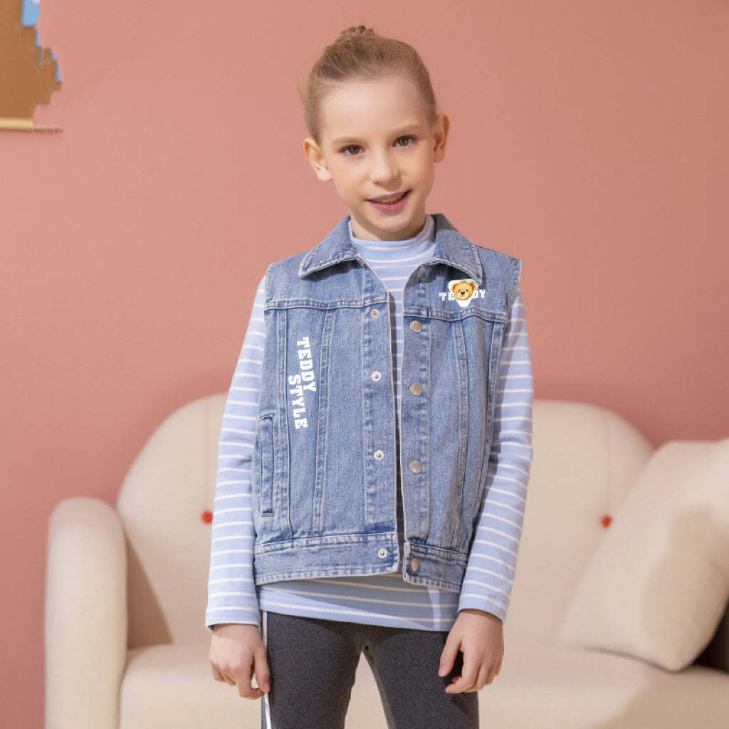 Baby Cartoon And Slogan Print Pattern Sleeveless Denim Jacket