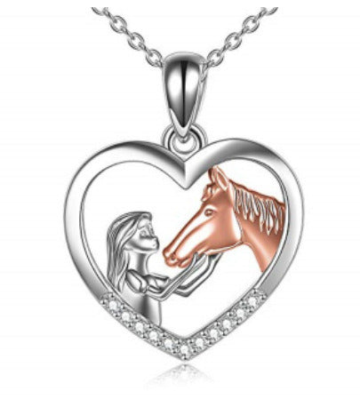 Girl And Horse Color Separation Heart Necklace European And American Stylish Clavicle Necklace Valentine Gift Pendant